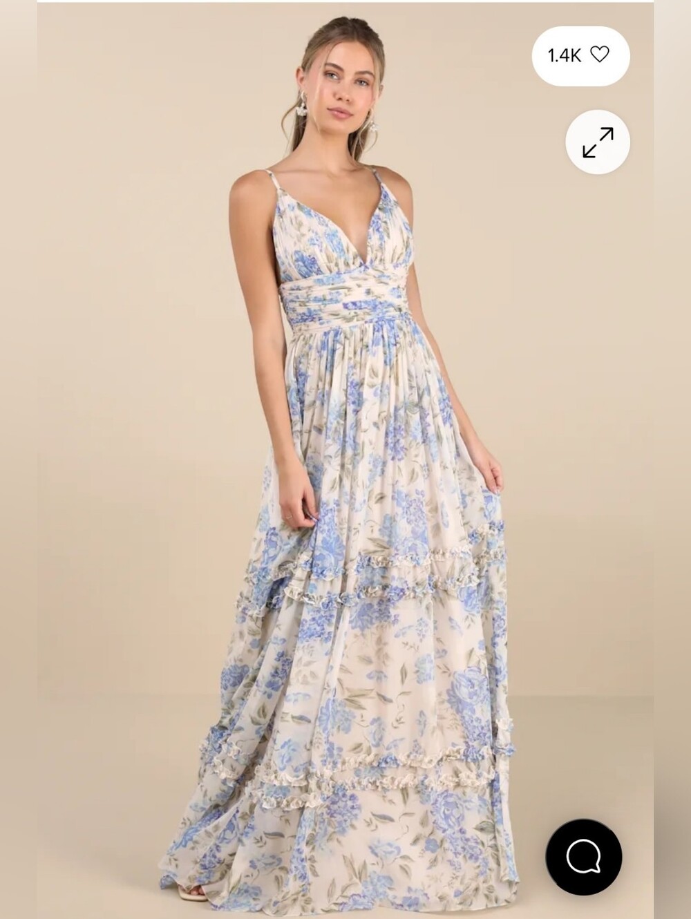 Niora Beige and Blue Floral Pleated Maxi Dress